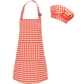 TOPWAYS Grid Kids Apron and Chef Hat Set, Adjustable Check Child Chef Aprons with 2 Pockets, Lattice Print Children's Apron for Kids Toddler Painting Baking Cooking Artist (Red, M（3-6Years）)