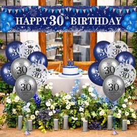 RUMIA Blue & Silver 30th Birthday Decorations: Banner & 18 Balloons for Men & Women's Birthday Party