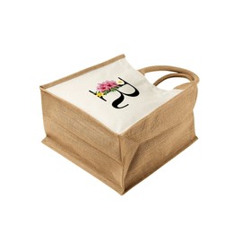 Monogram Initial Canvas Jute Tote Bags for Women - Cotton Shoulder Bags, Reusable Bags for Shopping, Gift bags, Book Bag, Travel Bag, Shopper Bags - Floral Letter R - Natural - L