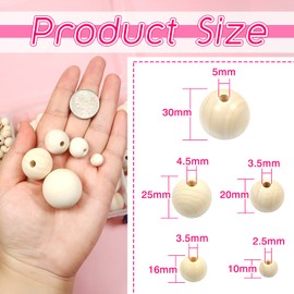 TOAOB 213 Pieces Natural Round Wooden Beads Set 10 to 30 mm Mixed Size Spacer Beads with Box for DIY Jewellery Making