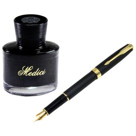 Fountain Pen and Ink Set, Matte Black Finish, Gold Plated Clip, Trim and Medium Nib, Executive Signature or Journaling Pen - Ink Refill Converter and 60 ml Bottle of Black Permanent Ink