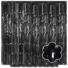 5 Pack Black Foil Curtain Backdrop 3.2ft x 9.8ft Metallic Tinsel Foil Fringe Curtains Streamer Photo Booth Backdrop for Birthday Party Engagement Bachelorette Party Decorations (Black)