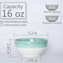 Bosmarlin Small Ceramic Dessert Bowls, 16 Oz, Set of 6, Dishwasher and Microwave Safe, For Cereal, Ice Cream, Soup, Salad, Rice (Turquoise Green, 16 Oz)