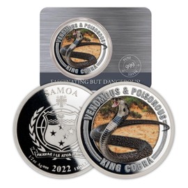 Venomous & Poisonous King Cobra Snake Samoa 2022 $1 1/2 oz Pure Silver Coin