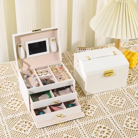 LSDZHK Portable three-layer jewellery box high-grade with lock PU leather drawer earrings earrings jewellery storage