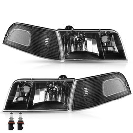 TUSDAR Headlight Assembly Set with Corner Lights 4pcs for 98-11 Ford Crown Victoria Headlamp with Bulbs (Black Housing with Clear Reflector)