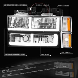 DNA MOTORING F-Style LED DRL Headlight+Bumper Signal+Corner Lamps Set Compatible with 88-93 Chevy C/K1500-3500,Chrome/Amber,HL-LB4-8P-C1088-CH-AM