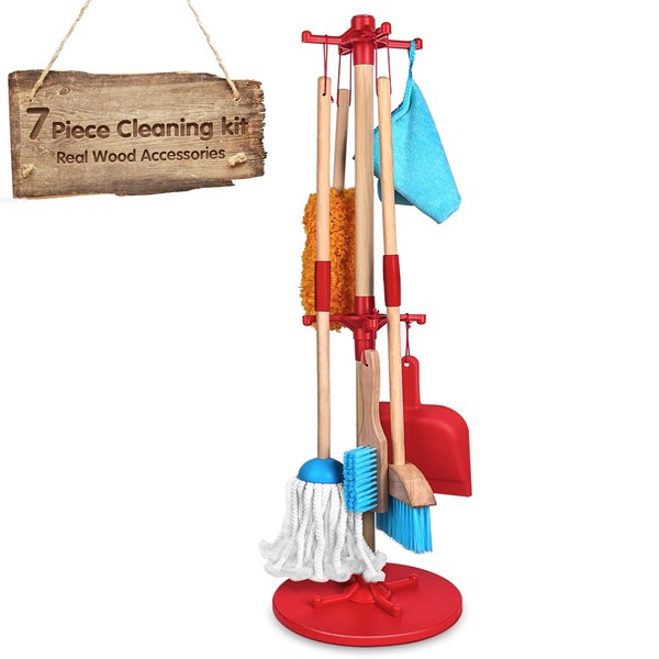 Kids Kitchen Cleaning Set - 7 Piece Kitchen Cleaning Toys Includes Broom, Mop, Duster, Dustpan, Brush, Rag and Hanging Stand, - Kitchen Toy Toddler Cleaning Set Gift for Toddler Girls & Boys