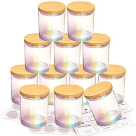 CONNOO 12 Pack 10 OZ Iridescent Glass Candle Jars for Making Candles with Airtight Bamboo Lids Nice Sticky Warning Labels for Candle Making Empty Container Bulk - Dishwasher Safe
