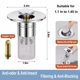 2Pcs Bathroom Sink Drain Filter Hair Catcher,Pop Up Sink Drain Stopper with Removable Stainless Steel Basin Drain Strainer Basket,for Kitchen Basin Bathroom Sink Stopper Replacement