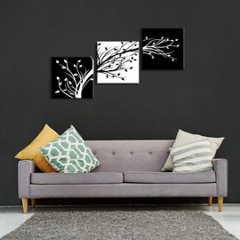 Wieco Art - Leaves Modern 3 Panels Flowers Artwork Giclee Canvas Prints Black and White Abstract Floral Trees Pictures Paintings on Canvas Wall Art for Living Room Bedroom Home Decorations