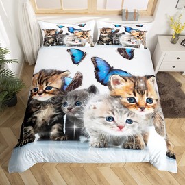 Cats Kids Bedding Set Cute Kitten Pattern Comforter Cover for Girls Boys Women Kawaii Cat Animal Printed Duvet Cover Blue Butterflies Decor Quilt Cover Lovely Cat Pattern Bedspread, Twin Size