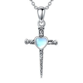 ROMANTICWORK Cross Necklace 925 Sterling Silver Moonstone Three Nails Cross Pendant Necklace Jewelry for Women Men