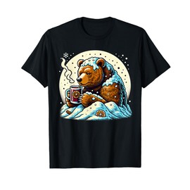 Grizzly Bear Sipping Hot Drink In Winter Snow Falling T-Shirt