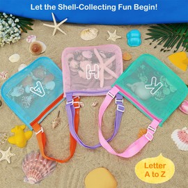 3Pcs Alphabet Printed Seashell Bags, Lightweight & Foldable Kids Beach Toy Mesh Bags with Adjustable Straps, Portable for Pool and Beach Essentials-G