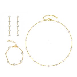 UAIAGM Pearl Set Jewelry for Women 14K Gold Elegant Plated Pearl Choker Necklace Drop Earrings Bracelet Simple for Wedding Bridal Festive Daily Jewelry Exquisite Sets