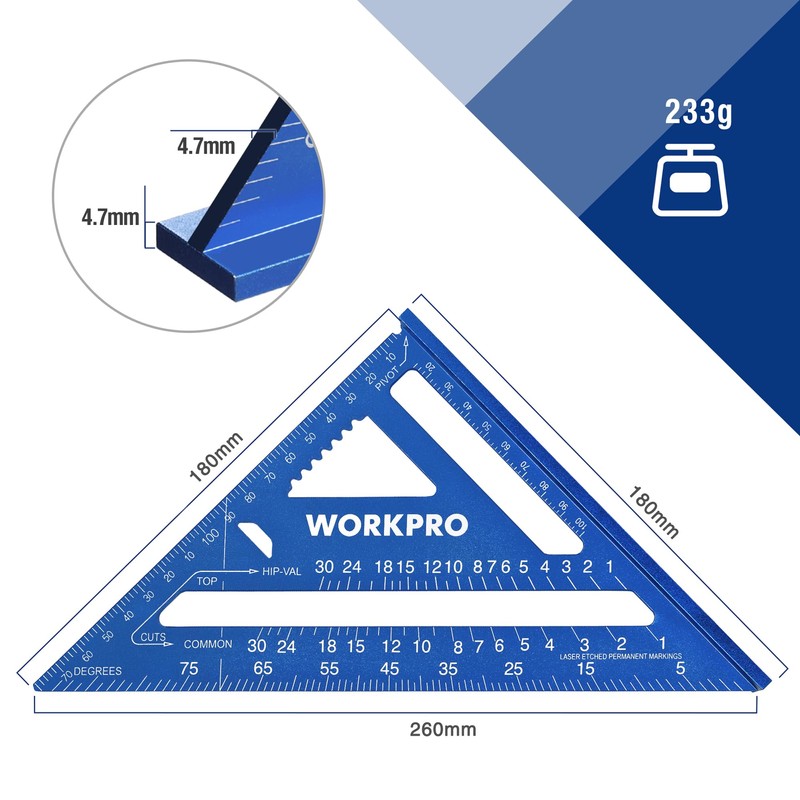 WORKPRO 7'' Aluminum Speed Square, Set Square 180mm, Carpenters Square,