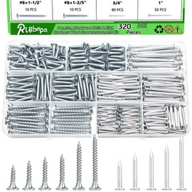 320Pcs Premium Hardware Nails & High Hardness Wood Screws Assortment Kit, 11 Sizes (1/2"-2"),Phillips Drive Flat Head, Wood Screws, Galvanized, Picture Hanging, Wood, Common Nails with Storage Box