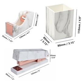 Stationery Office Kit Marble Print Desk Pen Holder Cup | Tape Dispenser | Desktop Staplers Rose Gold Tone Office School Accessories Supplies Set (Pen Holder & Tape Dispenser & Stapler(Rose Gold))