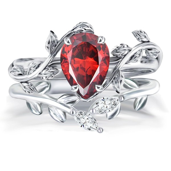 Wasee January Birthstone Ring Set 925 Sterling Silver Garnet Ring