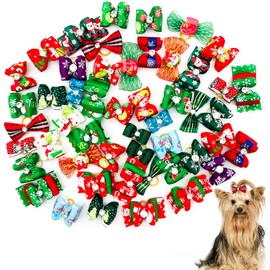 PET SHOW 50 lazos de Navidad para el pelo de perro con bandas de goma a granel para perros pequeños y medianos, cachorros, gatos, gatitos, conejos, disfraces de aseo con nudo superior, accesorios para el cabello