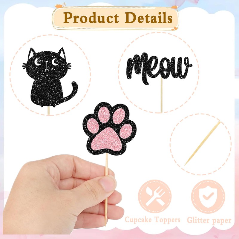 12 Pcs Cat Cupcake Topper, Black Glitter Cat Meow Cupcake