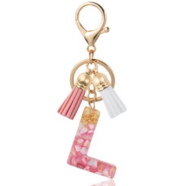 ANHBKAR Alphabet Initial Letter Keychain Cute Resin with 2 PU Tassels, Letter Keychain for Backpack Charms, Initial Keychains for Women, Girls (L, LOTUS PINK)