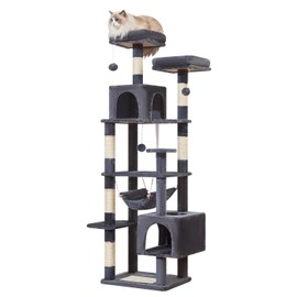 Taoqimiao Cat Tree, 68-Inch Cat Tree Cat Tower for Indoor Cats, Plush Multi-Level Cat Condo with 6 Scratching Posts, 2 Perches, 2 Caves,Hammock, 3 Pompoms,MS020SG Smoky Gray