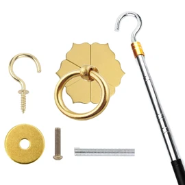 Ladder Pull Down System Kit - BCEHACBITI Attic Pull System Hook Cord Set Replacement for Cord Ropes with 60 Inch Extension Pole and Copper Storage Hook Handle Parts Tool