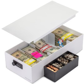 Volcora Cash Box Money Organizer - 15” x 7.5” x 4” Cashbox 5 Compartments Drawer Tray - Bills and Coin Slot with Combination Lock for POS Register, Kiosk, Retail, Personal and Business Use, Black