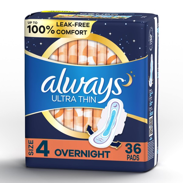 Always Ultra Thin Feminine Pads for Women with WIngs, Size 4, Overnight Absorbency, Unscented, 36 Count