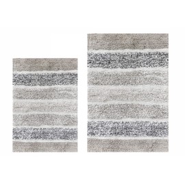Quilted Stripe Bath Rug Set of 2- Light Grey, Non Slip Absorbent Bathroom Mat, 100% Cotton Kitchen Living Room Entryway Rugs, Machine Washable, 21x32 & 17x24 Inches