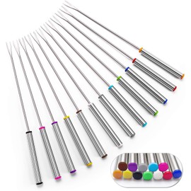 Set of 12 Stainless Steel Fondue Forks 9.5", Color Coded Cheese Fondue Forks Smores Sticks with Heat Resistant Handle for Chocolate Fountain Cheese Roast Marshmallows Dessert Fruits