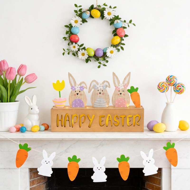 Vynium Happy Easter Decoration with LED Light, Wooden Easer Decor