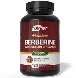NutriFlair Berberine with Ceylon Cinnamon 1450mg Supplement – 120 Capsules | High Potency Formula with Berberine HCl & Organic Ceylon Cinnamon | Non-GMO, Vegan, Gluten-Free
