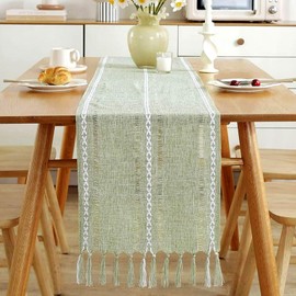 1 Green Table Runner, Linen Table Runner, Hollow Tassel Table Runner, Woven Table Runner, Decorative Table Runner, Simple Style Table Runner