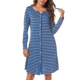 Marvmys Women's Long Nightgown Cotton Nightdress Stripe Nightshirt Long Sleeve V Neck Sleep Dress Soft Ladies Relaxed Nightshirt Sleepwear Blue-1 XXL