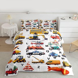Feelyou Excavator Kids Comforter Fire Truck Police Car Boys Comforter Set Helicopter Motorcycle Ambulance Toddler Bedding Set Alphabet Vehicle Cars Quilt Set Decor with 1 Pillowcase 2Pcs Bedding Twin