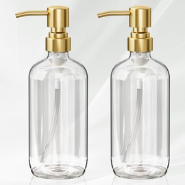 AmazerBath Soap Dispenser, 2 Pack Glass Soap Dispenser with Pump Stainless Steel, 17OZ Gold Hand Soap Dispenser, Clear Soap Dispenser Bathroom, Dish Soap Dispenser Kitchen