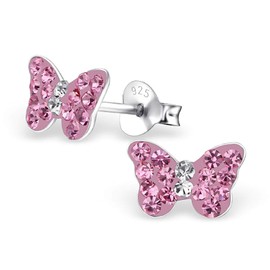 Monkimau 925 Sterling Silver Ladies, Women's, Girls’ Butterfly Stud Earrings with 32 Sparkly Crystals in Pink, Children's Jewellery, Silver