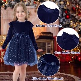 Dalukit Toddler Baby Girl Christmas Dress for Girls Long Sleeve Dress Girls Velvet Dress Girls Tutu Winter Party Dress Blue