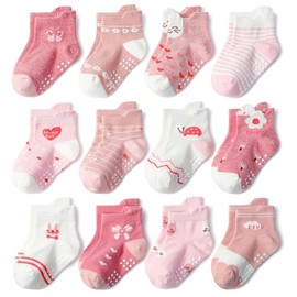 Skibeaut Toddler Ankle Socks - 12 Pairs Kids Grips Low Cut Non Slip Cute Socks with Grippers for Boys Girls for 5-7 Years Child