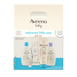 Aveeno Baby Welcome Little One - Set de regalo para el cuidado de la piel con gel corporal nutritivo y champú, lavado de baño relajante, toallitas completas, loción hidratante diaria y bálsamo, 5