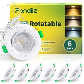 Fondiiz 6 LED Spotlights, 230 V, Swivelling, 5 W LED Recessed Spotlights, 480 lm, Warm White, 2700 K, Neutral White, 4000 K, Cool White, 6000 K, IP44 Spotlights, Ceiling Light, Flat for Bathroom, 70