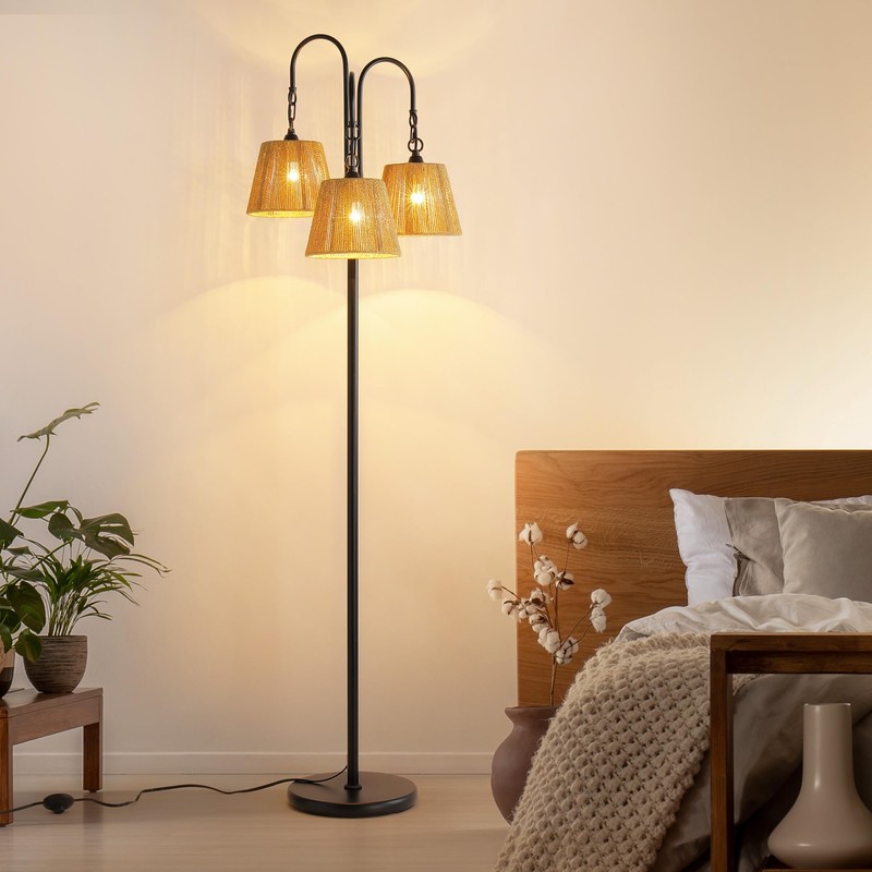 Rattan Floor Lamp, 68in. Boho Floor Lamps with Natural Shade,