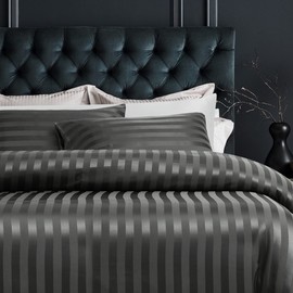 Damier Satin Bed Linen 135 x 200 cm Grey Silky Shiny Striped Bed Linen Set High-Quality Luxury Gloss Satin Duvet Cover with Concealed Zip - 135 x 200 cm + 80 x 80 cm