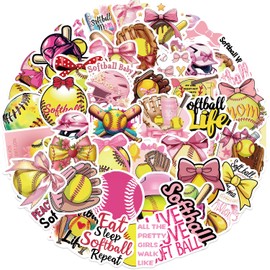50PCS Pink Coquettte Bows Softball Stickers, Cute Motivational Vinyl Waterproof Stickers for Water Bottles,Helmets, Luggage, Teaching Incentives, Softball Gifts for Girls Kids, Teens and Adults