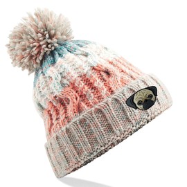 Bang Tidy Clothing Pug Beanie Hat - Dog Lovers Gifts for Women - Winter Hats for Women - Knitted Wooly Ladies Hats - Dog Walking Accessories - Embroidered Gifts for Dog Lovers - Pom Pom - Milkshake