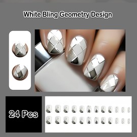 ANDGING White Press on Nails Square Short Silver Glue on Nails with Bling Geometry Designs Gel Fake Nails Glitter Acrylic Manicure False Nails for Wedding Fantasy Pressons Stick on Nails for Women