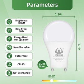 YAOHENG GU24 LED Light Bulb, 9W(60W Equivalent), 3000K Soft White, A19 Shape GU24 LED Bulb, 800 Lumens 2 Prong Light Bulbs, CRI 85+, Non-Dimmable ETL Listed(8-Pack)